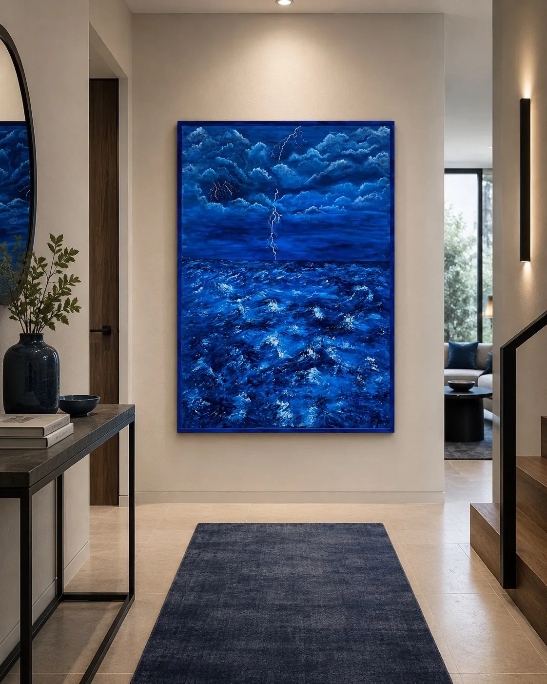 Toile Dualité, grande œuvre bleue à l'acrylique inspirée de la mer et de l'orage, Nada. B, Nasseta Studio Genève