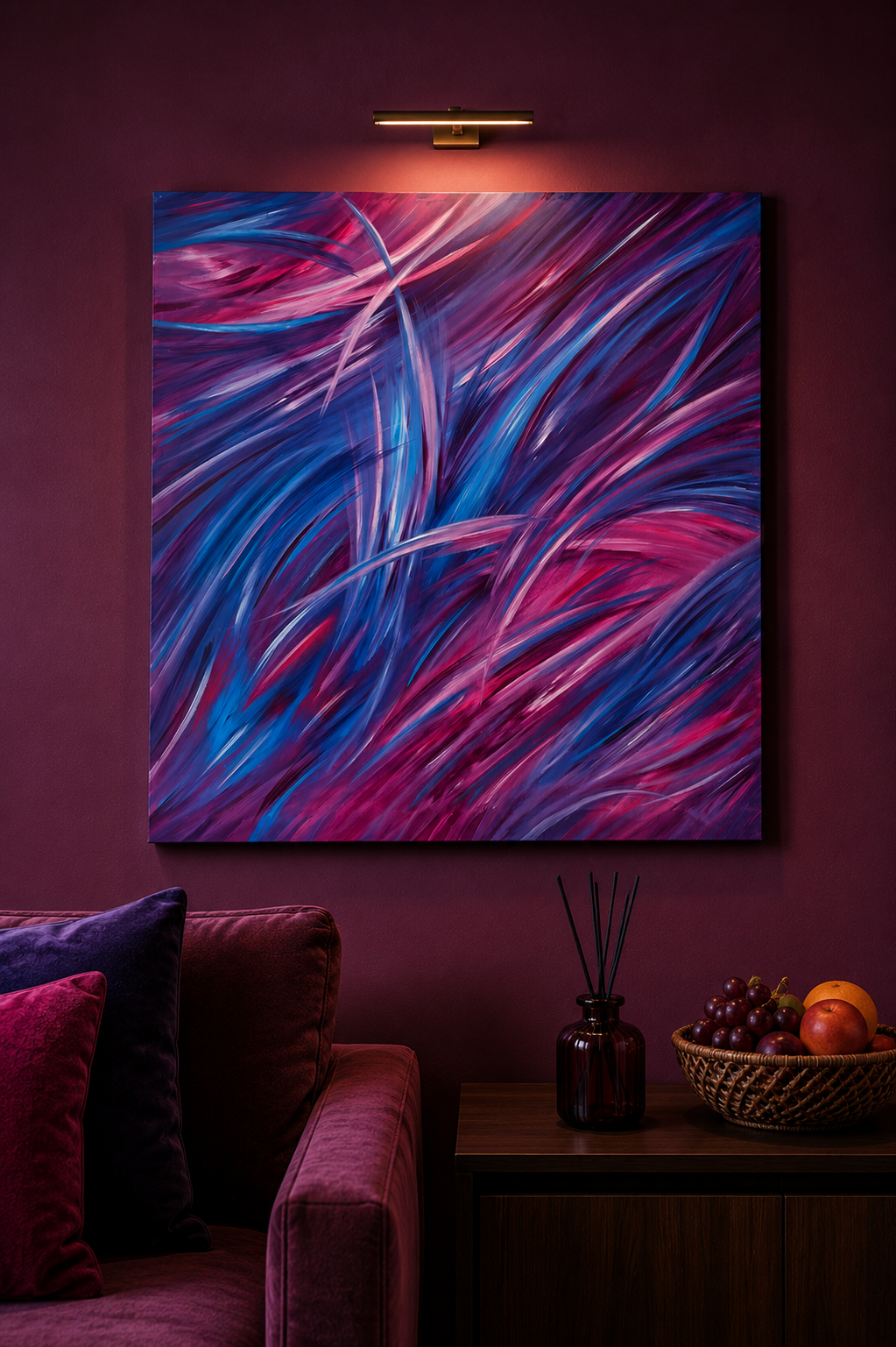 Toile Nostalgia, composition abstraite bleu, fuchsia et violet à l'acrylique, Nada. B, art sur mesure Nasseta Studio