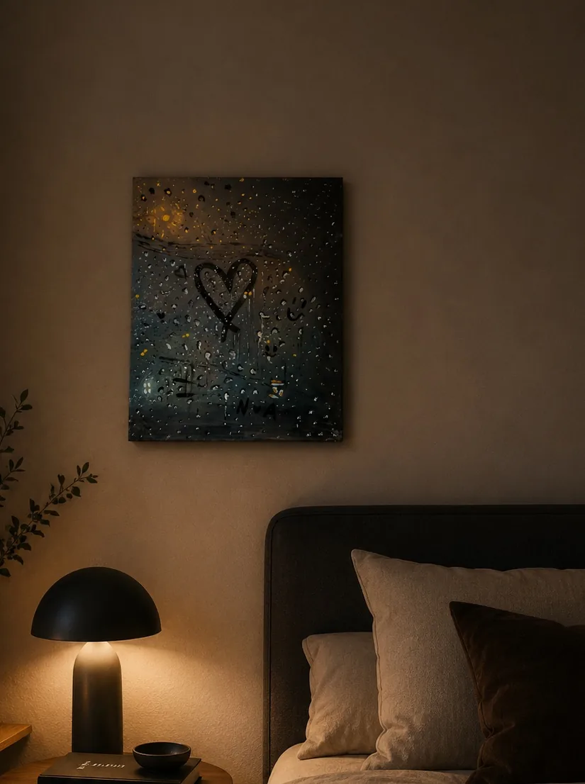 Toile Enfance, cœur esquissé sur une vitre constellée de gouttes à l'acrylique, Nada. B, art sur mesure Nasseta Studio