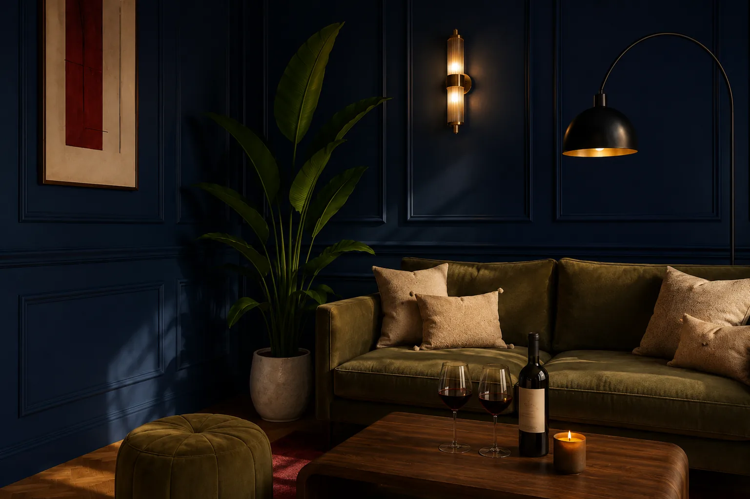 Salon bleu nuit avec mobilier vert olive et tapis bordeaux en contrepoint