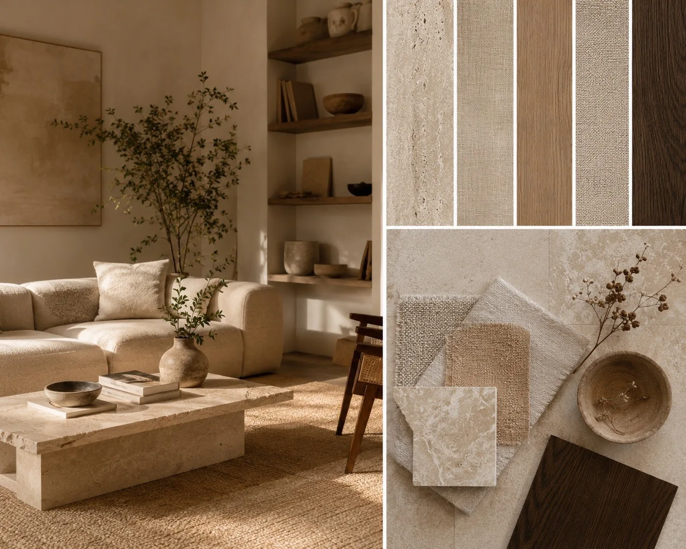 Intérieur en nuances de beige, zoom sur des matières neutres, flat-lay d'échantillons de lin et bois