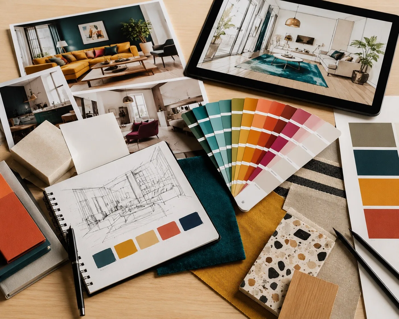 Composition design : croquis, pastilles couleur, échantillons de matières et photos d'intérieurs