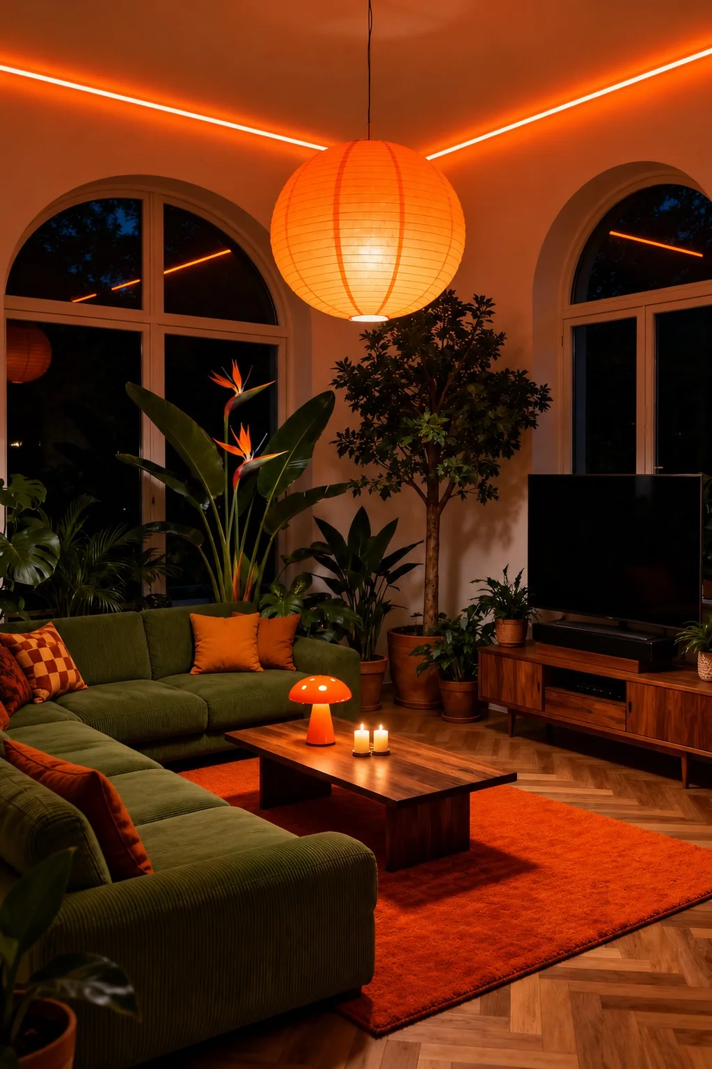 Salon éclairé en plusieurs couches : lampes à poser, applique et lumière d'accent