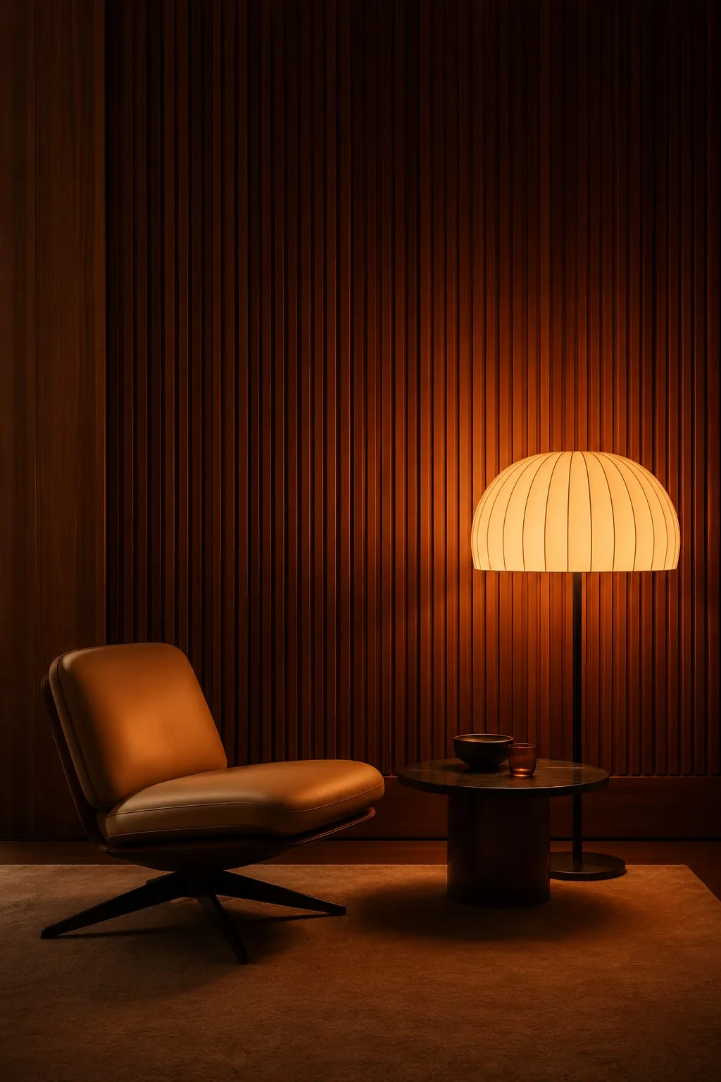 Intérieur éclairé en lumière chaude, ambiance feutrée du soir