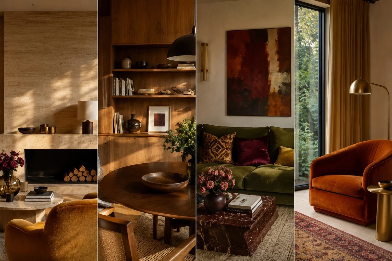 Moodboard de mariage des matières : travertin, bois et velours avec accents en laiton brossé