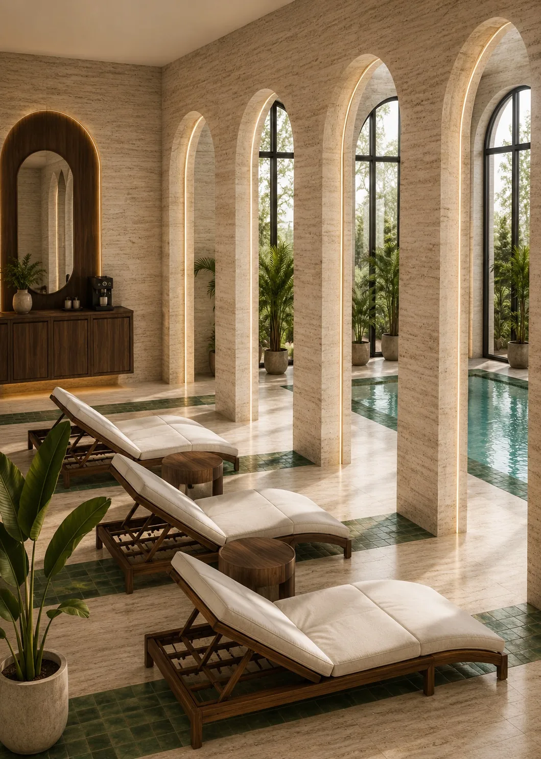 Rendu 3D d'une piscine intérieure aux murs de travertin et arches en plein cintre, concept de spa privé, Nasseta Studio, architecte d'intérieur à Genève