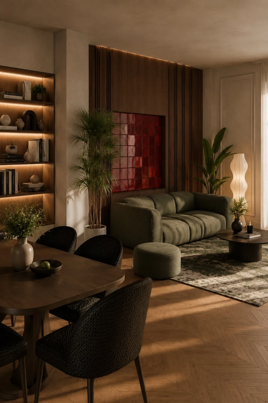 Rendu 3D d'un séjour contemporain avec canapé vert, mur en bois cannelé et zellige rouge rétroéclairé, concept de décoration d'intérieur, Nasseta Studio Genève
