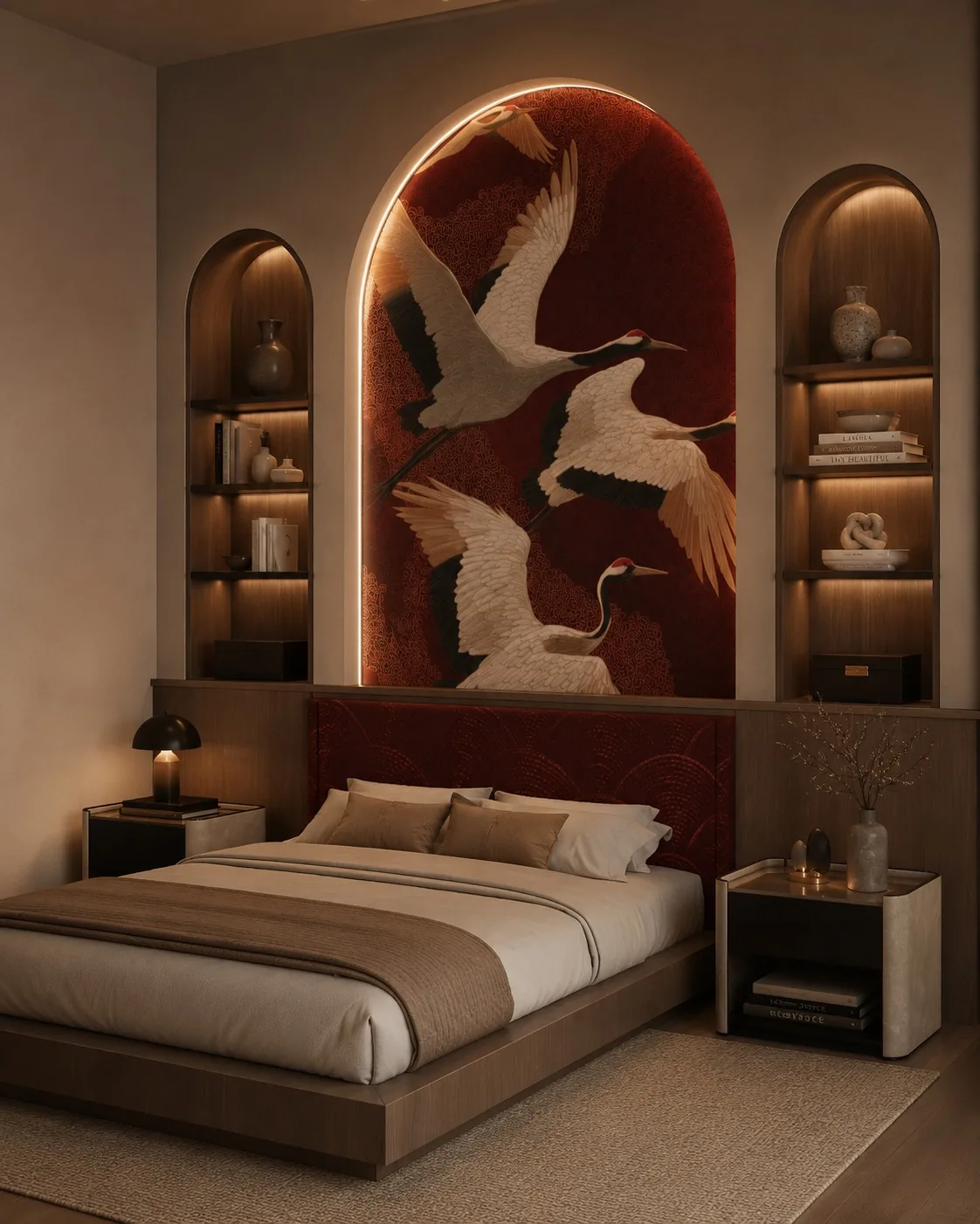 Rendu 3D d'une chambre avec tête de lit voûtée en velours grenat et fresque de grues, concept japandi, Nasseta Studio Genève